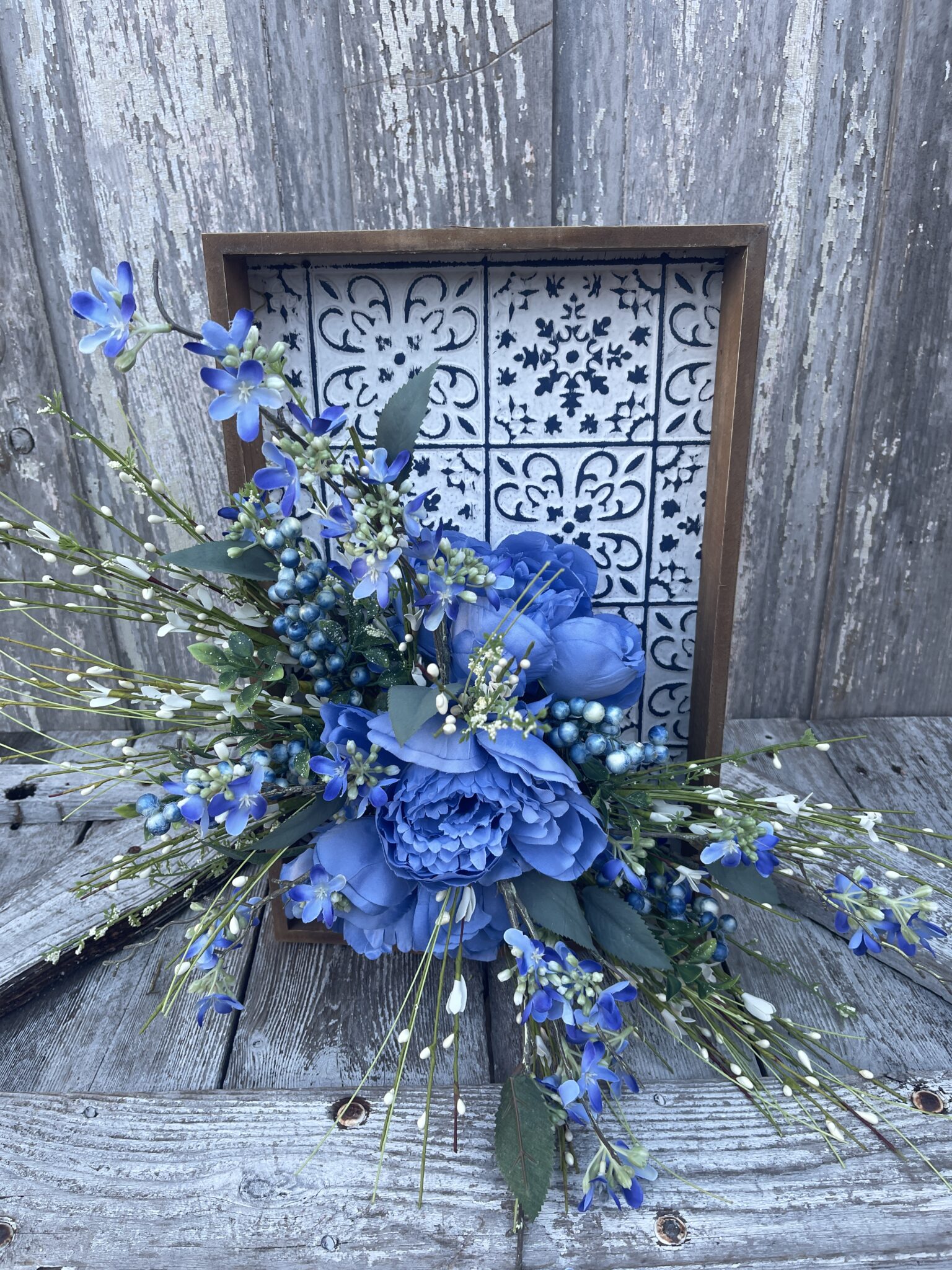 Blue Table Tray Floral Arrangement . Kelea's Design School