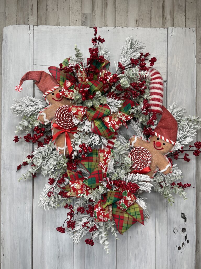 Snowy Gingerbread Double Bow Wreath