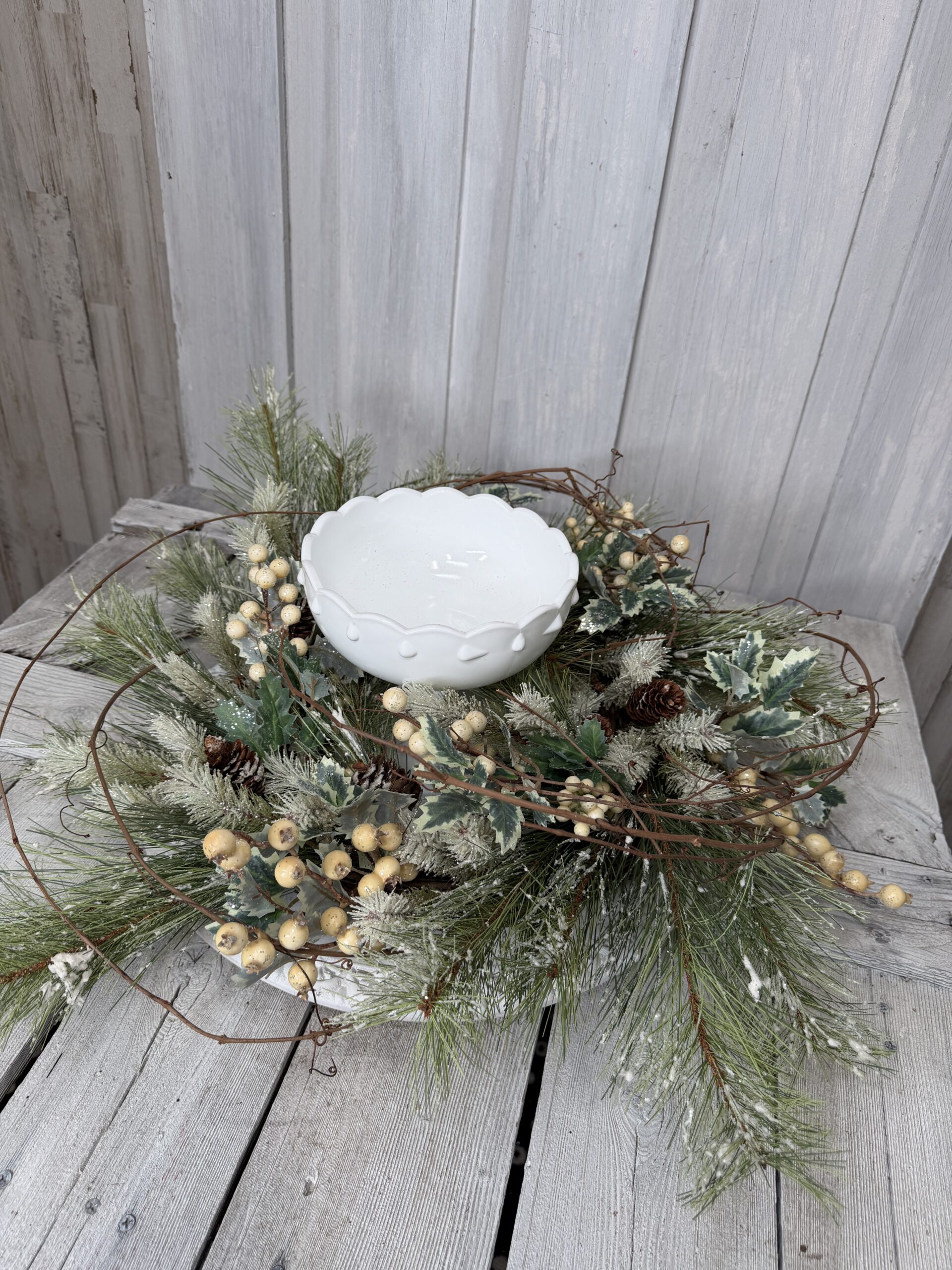 Snowy Winter Greens Candle Ring